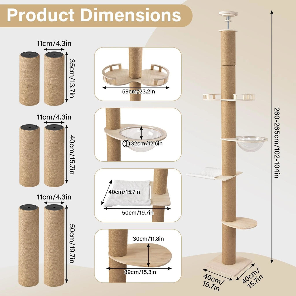 Floor-to-Ceiling Cat Tree Tower Height 102" - 104" w/ Condo & Scratching Posts