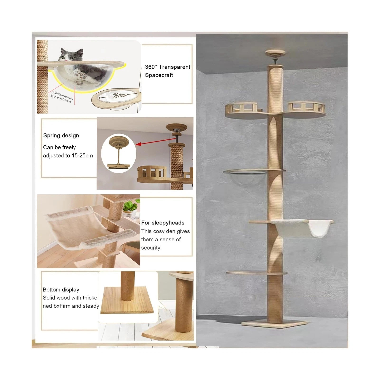Floor to Ceiling cat Tree - Adjustable Height (95-98in,104.3-108.2in)- with W...