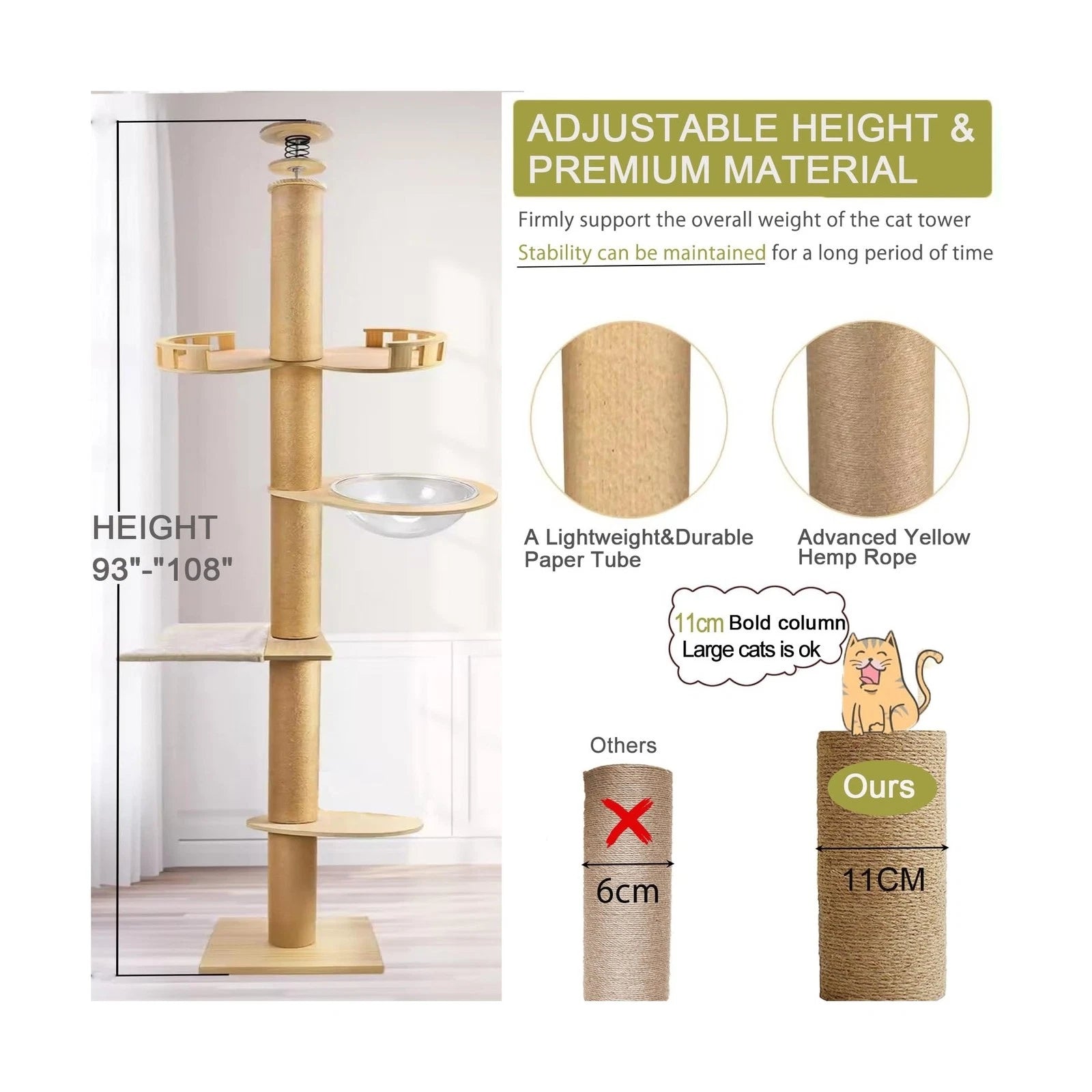 Floor to Ceiling cat Tree - Adjustable Height (95-98in,104.3-108.2in)- with W...